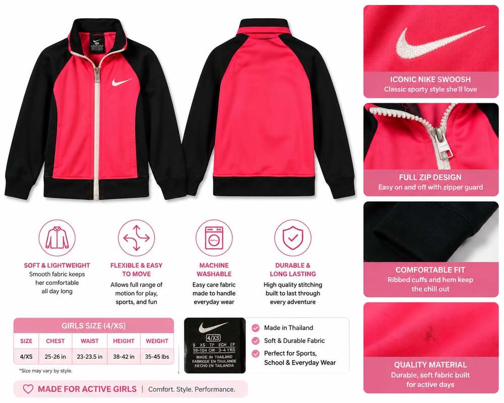 Nike Girls Full Zip Track Jacket Black and Pink Size 4/XS
